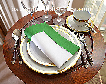 White Hemstitch Dinner Napkin with Mint Green border